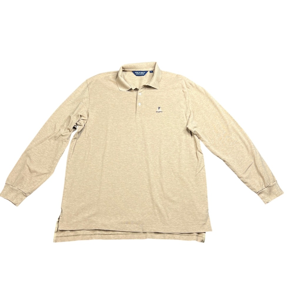 Polo Golf Ralph Lauren Mens Large 100% Pima Cotton L/S Shirt Tan Atlantic Logo